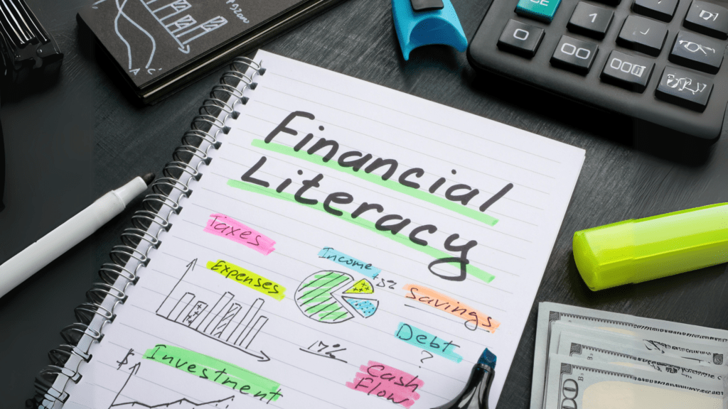 A notebook with terms about financial literacy